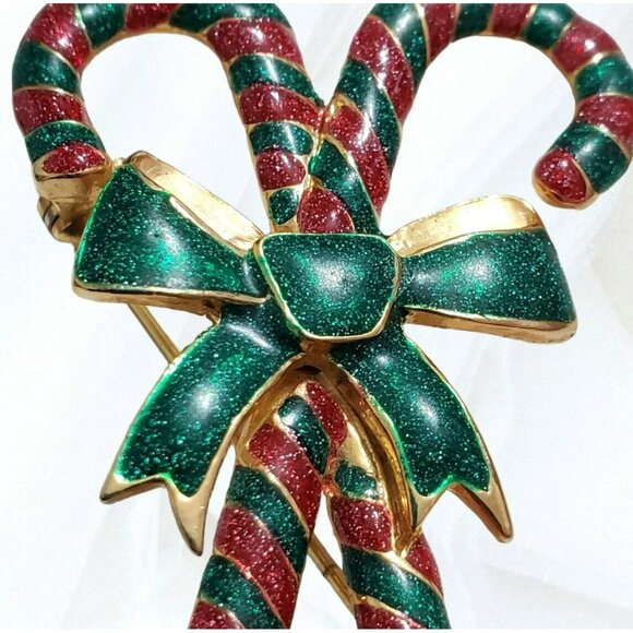 VTG Double Candy Cane Brooch Pin Christmas Enamel Glitter Gold Stripes Bow AAi - Picture 3 of 8